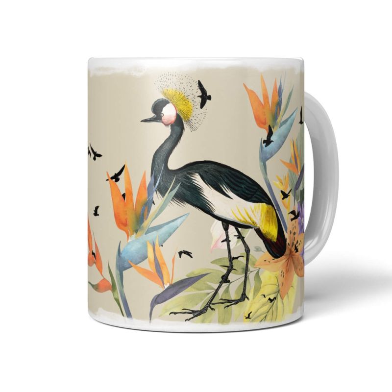 Dekorative Tasse mit schönem Vogel Motiv Kranich Blumen Blüten Exotisch Farbenfroh