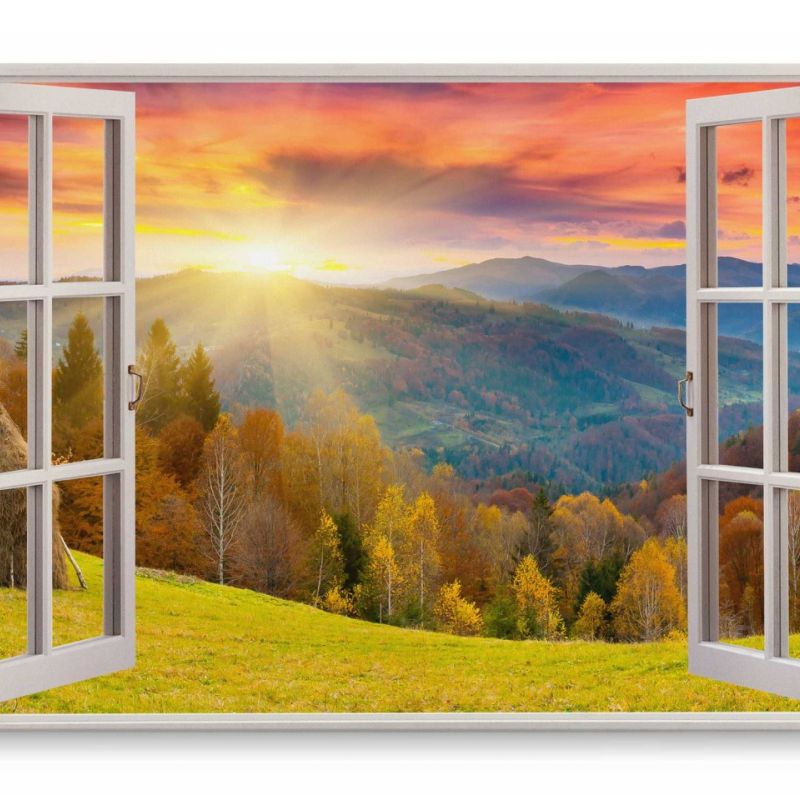 Wandbild 120x80cm Fensterbild Alpenlandschaft Berge Alpen Wiesen Grün Sonnenuntergang