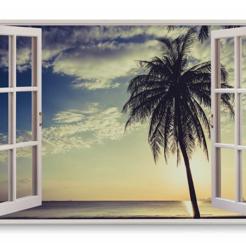 Wandbild 120x80cm Fensterbild Palme Strand Traumstrand Sommer Horizont Meer