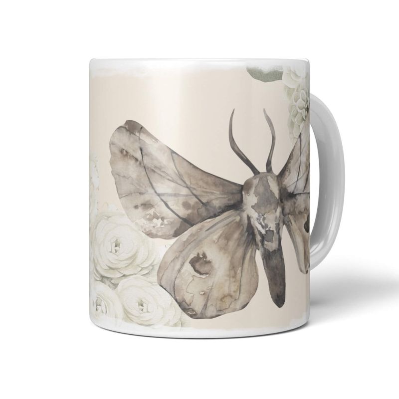 Dekorative Tasse mit schönem Motiv Motte Blumen Vintage Pastelltöne Beige Kunstvoll