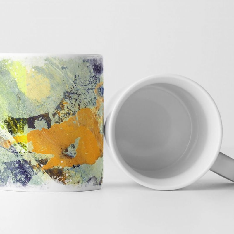 Tasse Geschenk blass-türkiser Hintergrund; orange, gelbe, dunkelblaue Abstraktionen