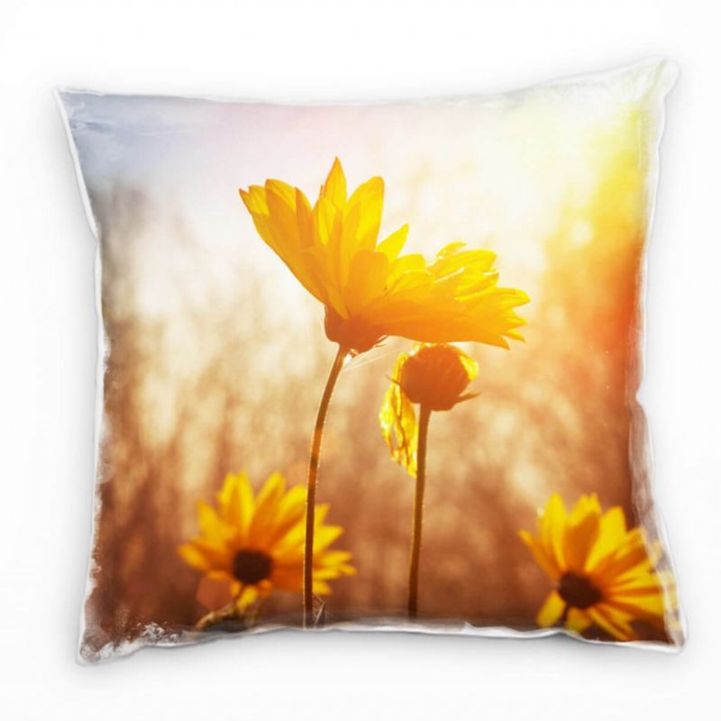 Blumen, gelb, blau, Blumen im Sonnenaufgang Deko Kissen 40x40cm für Couch Sofa Lounge Zierkissen