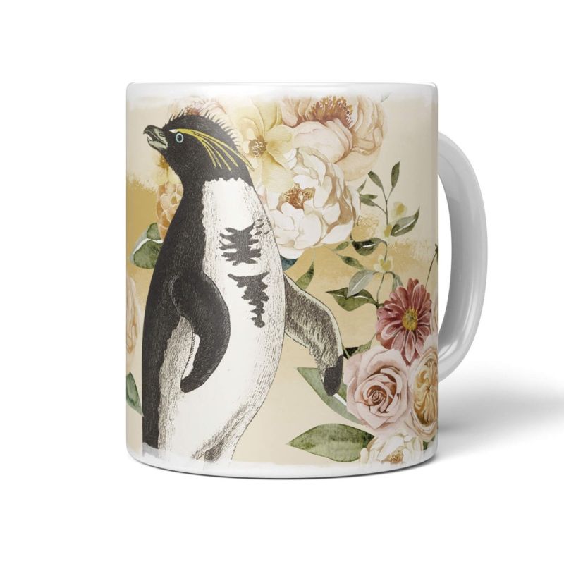 Dekorative Tasse mit schönem Vogel Motiv Pinguin Blumen Blüten Pastelltöne Farbenfroh