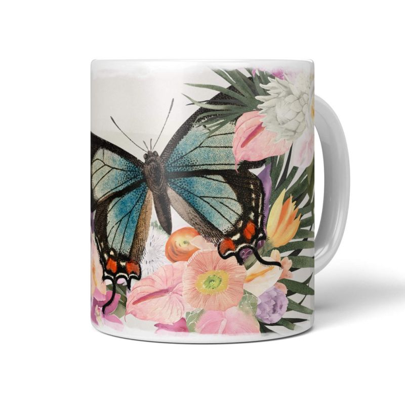 Dekorative Tasse mit schönem Motiv Blumen Blüten Blumenstrauß Schmetterling Exotisch