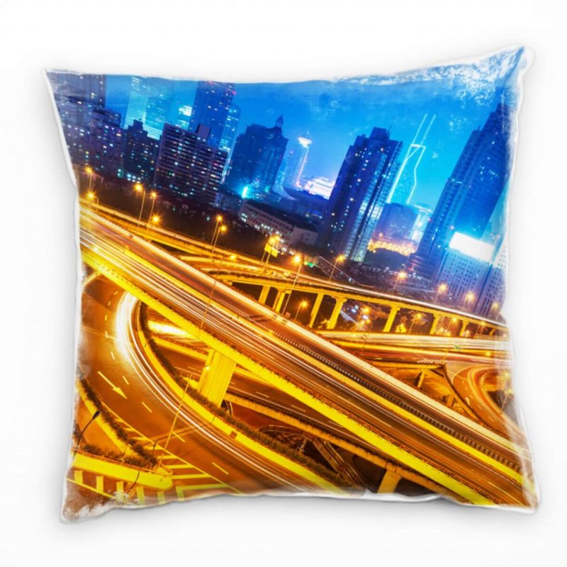 City, gelb, blau, Hochhäuser, Nacht, Straßenlaternen  Deko Kissen 40x40cm für Couch Sofa Lounge Zier