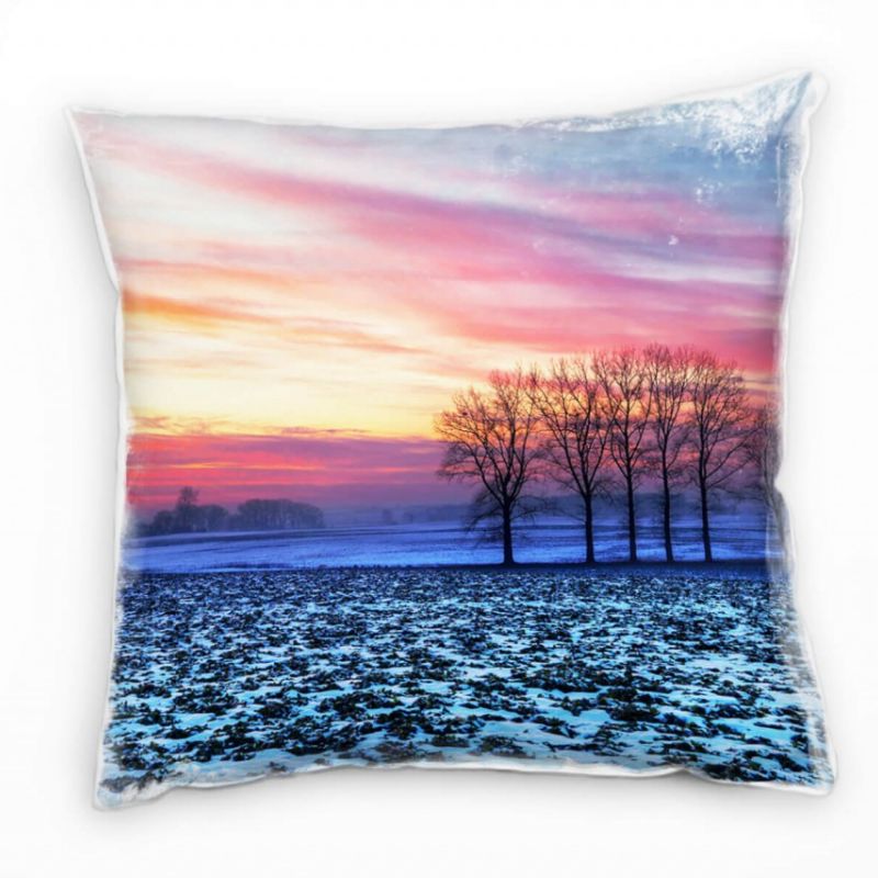 Landschaft, Winter, blau, orange, Sonnenuntergang Deko Kissen 40x40cm für Couch Sofa Lounge Zierkiss