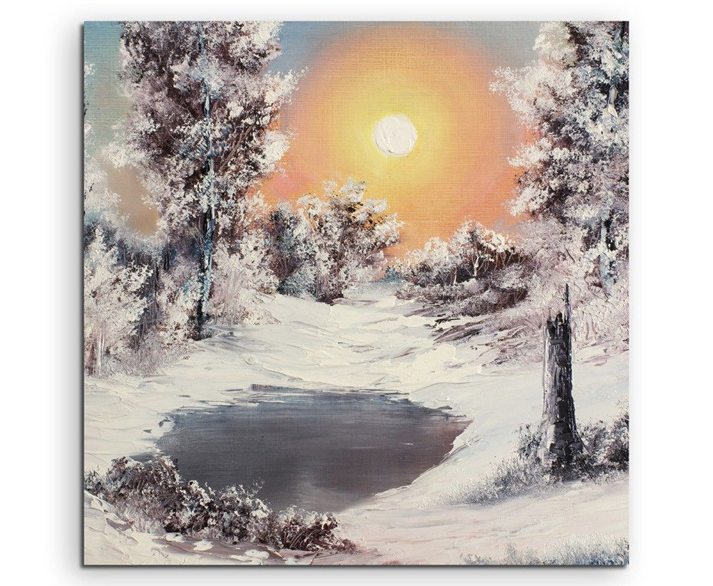 Malerische Winterlandschaft am See auf Leinwand