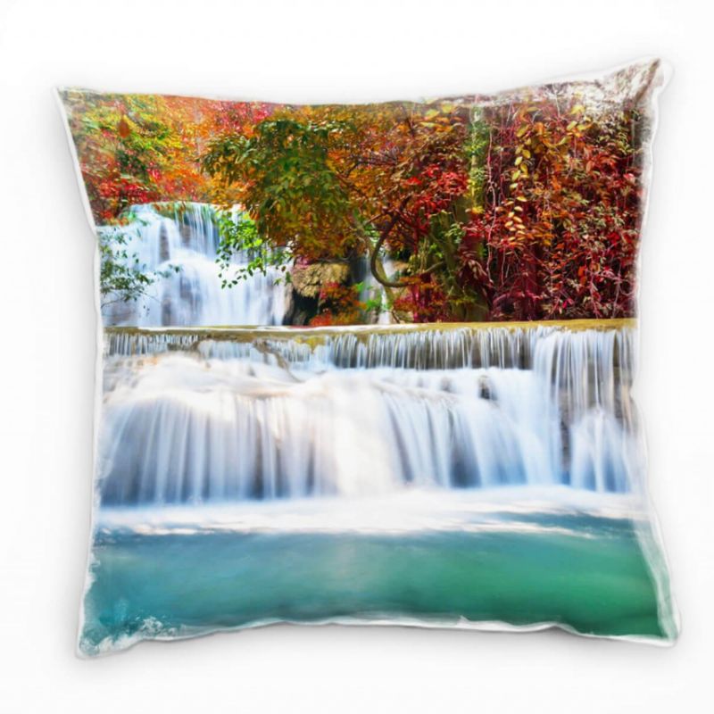 Natur, Wasserfall, rot, türkis, weiß Deko Kissen 40x40cm für Couch Sofa Lounge Zierkissen