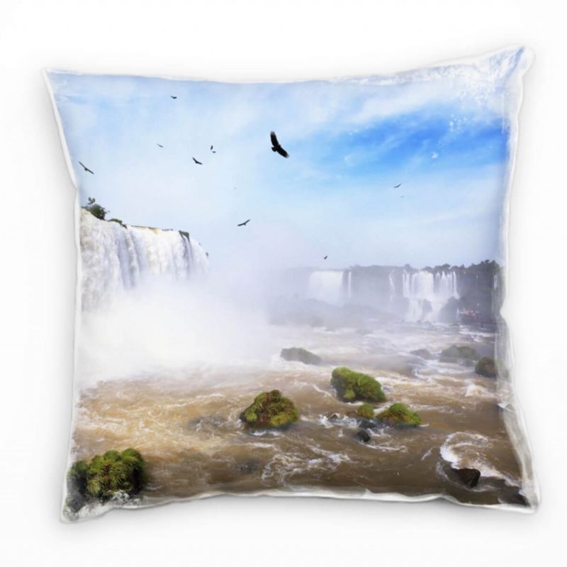 Natur, Wasserfall, Vögel, braun, blau, grün  Deko Kissen 40x40cm für Couch Sofa Lounge Zierkissen