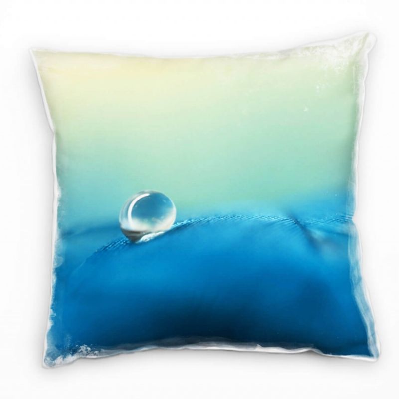 Macro, Feder, Wassertropfen, blau, gelb Deko Kissen 40x40cm für Couch Sofa Lounge Zierkissen