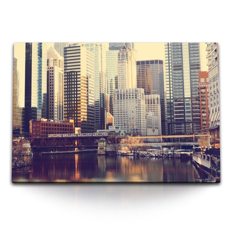 120x80cm Wandbild auf Leinwand Chicago USA Großstadt Wolkenkratzer Fluss