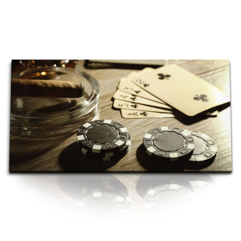 Kunstdruck Bilder 120x60cm Poker Karten Pokerchips Zigarre Whiskey Spielkarten