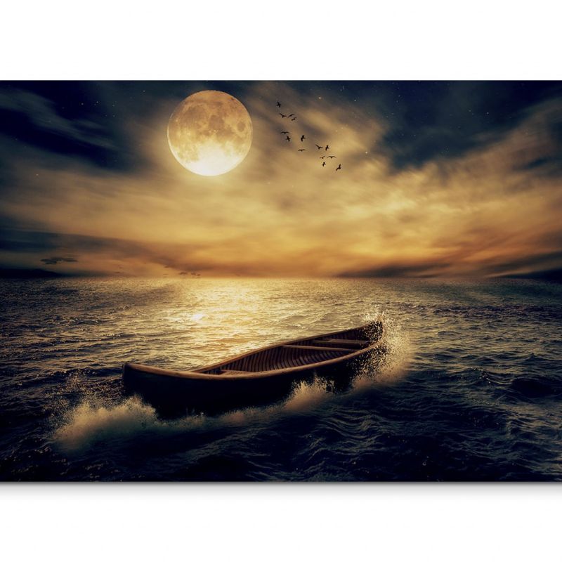 120x80cm Wandbild Ozean Holzboot Wolken Nacht Mond