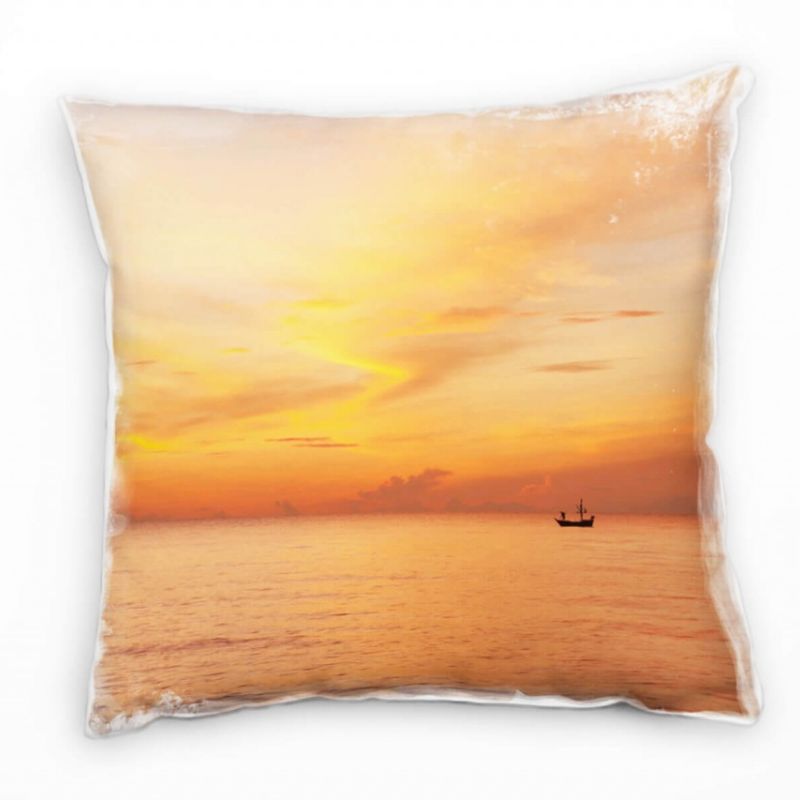 Meer, orange, Sonnenuntergang, Silhouette Boot Deko Kissen 40x40cm für Couch Sofa Lounge Zierkissen