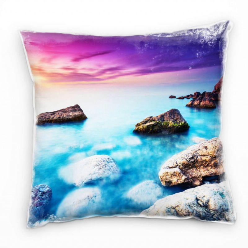 Meer, türkis, pink, lila, Sonnenuntergang, Felsen Deko Kissen 40x40cm für Couch Sofa Lounge Zierkiss