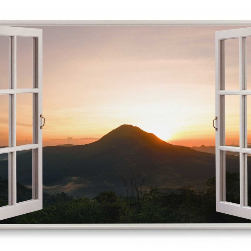 Wandbild 120x80cm Fensterbild Sonnenuntergang Berg Natur Abendrot Horizont