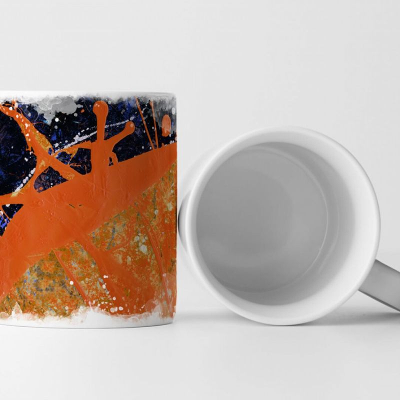 Tasse Geschenk orange – mitternachtsblaue Abstraktion + weiße Farbspritzer