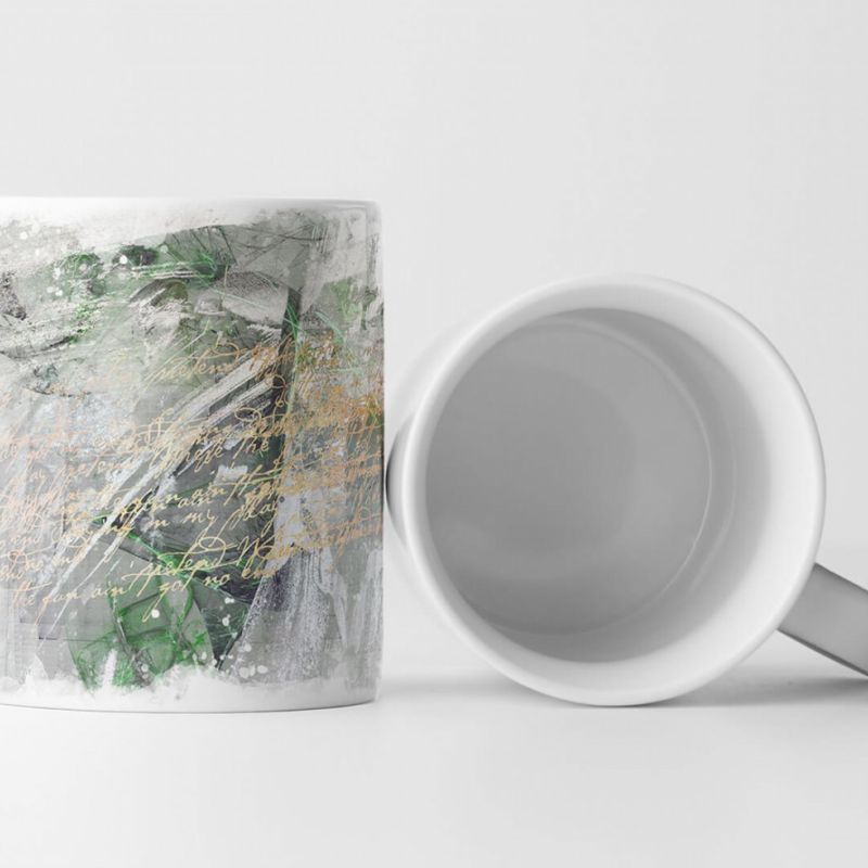 Tasse Geschenk hellgraue Grundierung; grüne Elemente + beige Aufschrift