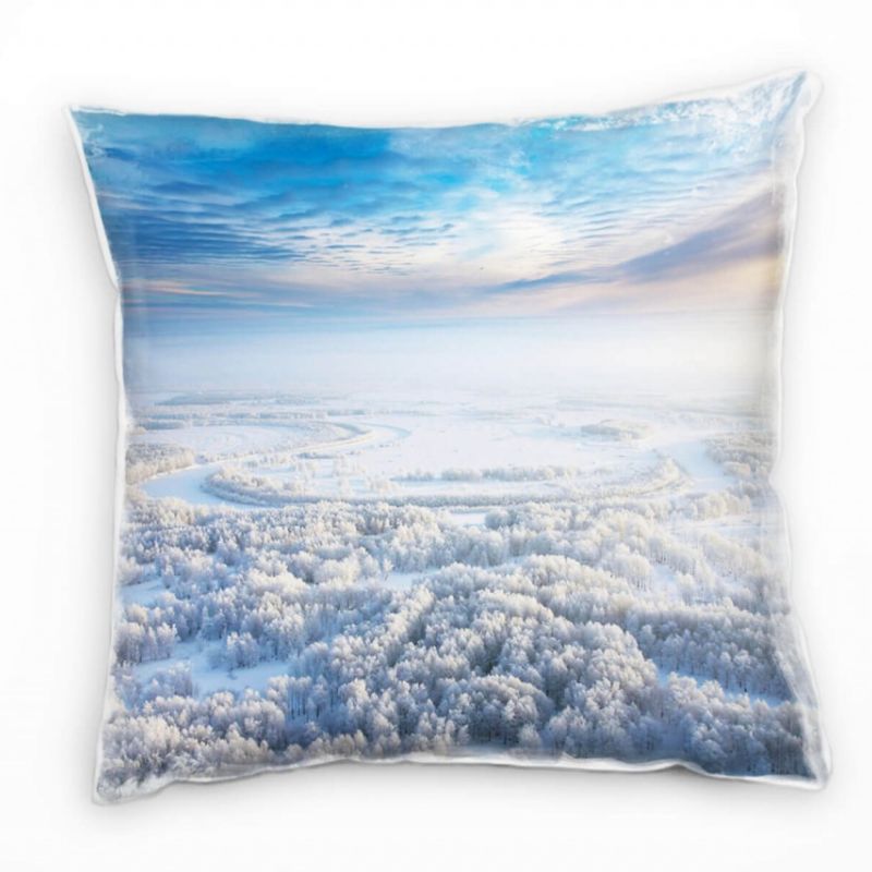 Winter, schneebedeckter Wald, Fluss, blau, grau Deko Kissen 40x40cm für Couch Sofa Lounge Zierkissen