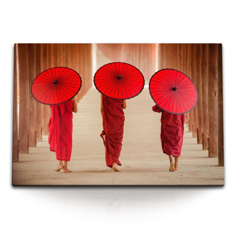 120x80cm Wandbild auf Leinwand Thailand Mönche Buddhismus rote Sonnenschirme Tempel