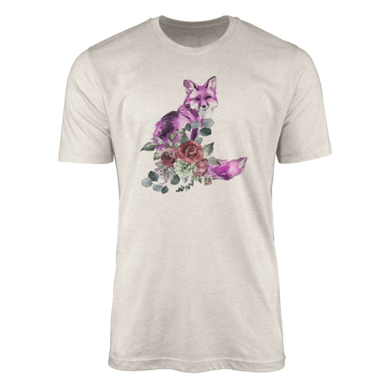 Herren Shirt 100% gekämmte Bio-Baumwolle T-Shirt  Aquarell Fuchs Blumen Motiv Nachhaltig Ökomode aus