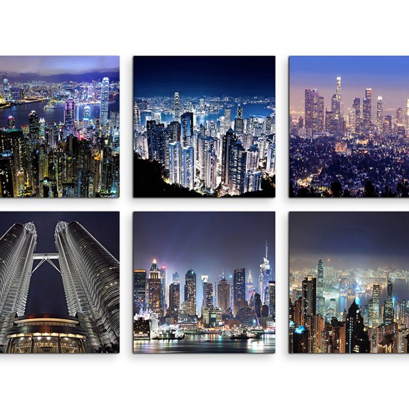 6 teiliges Leinwandbild je 30x30cm –  New York Brooklyn Bridge Skyline Nacht