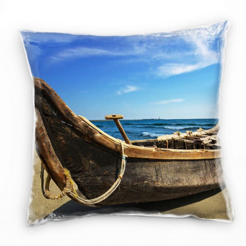 Meer, blau, braun, altes Fischerboot am Strand Deko Kissen 40x40cm für Couch Sofa Lounge Zierkissen