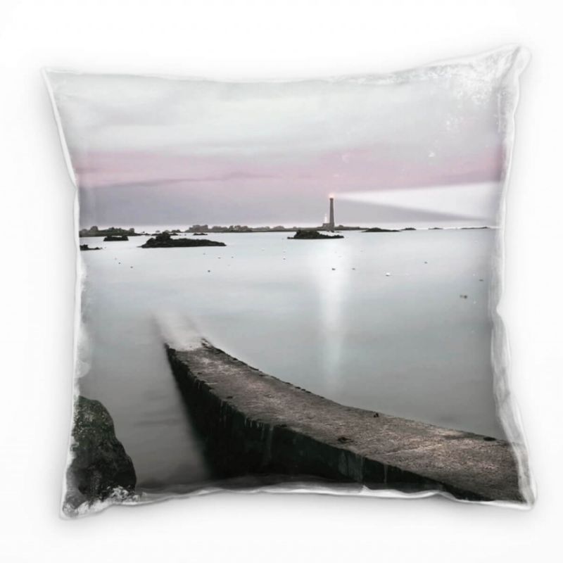 Meer, Landschaft, grau, rosa, Felsen im Meer, Leuchtturm Deko Kissen 40x40cm für Couch Sofa Lounge Z