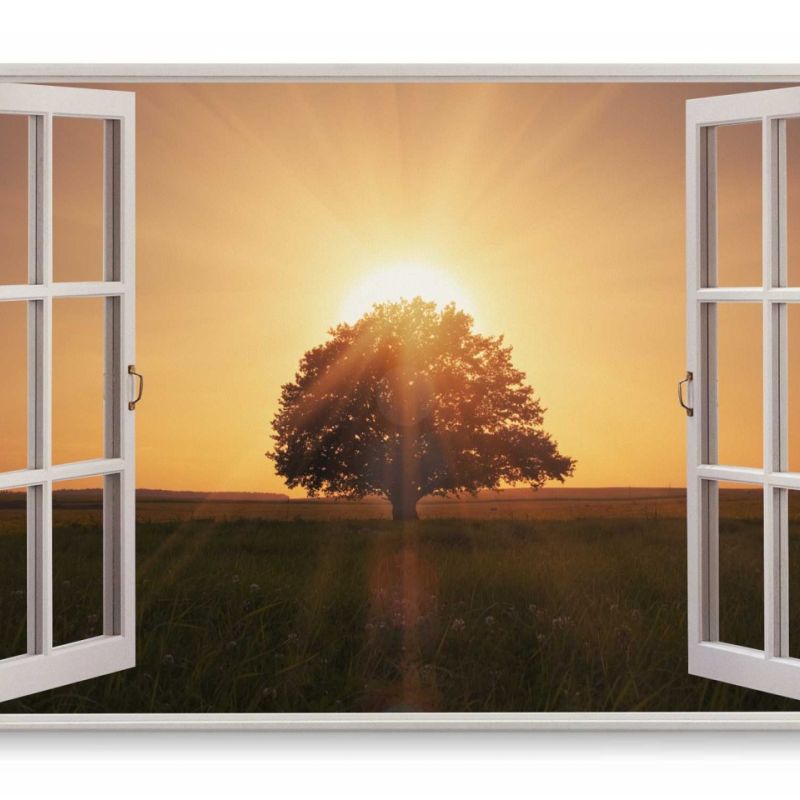 Wandbild 120x80cm Fensterbild Sonnenuntergang Baum Feld Natur Abendrot