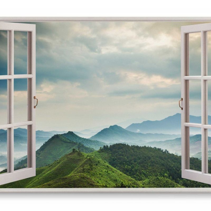 Wandbild 120x80cm Fensterbild Berge Bergkette Grün Natur Wolken Gebirge