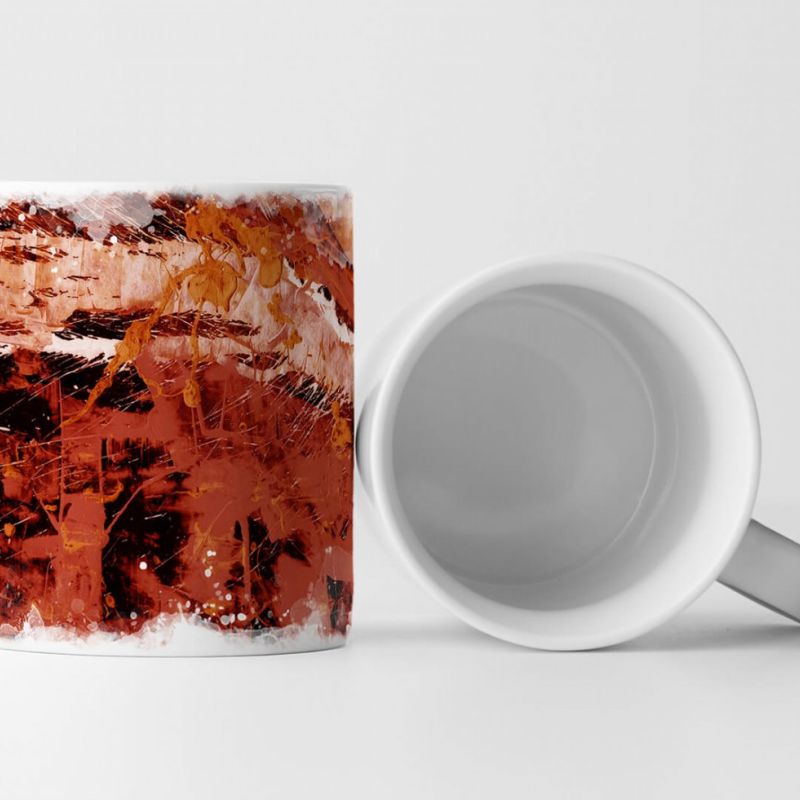 Tasse Geschenk korall-rot-orangene Abstraktion; schwarze Stellen