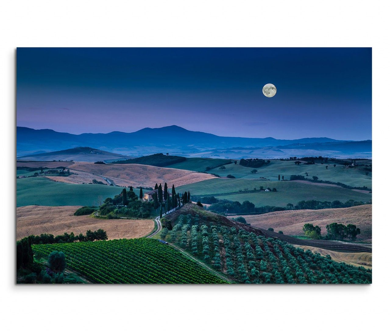 120x80cm Wandbild Toskana Landschaft Berge Wald Nacht Mond