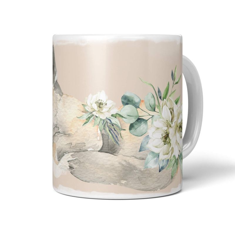 Tasse Porzellan Tier Motiv kleiner Fuchs Blumen Friedlich Niedlich Lieblich