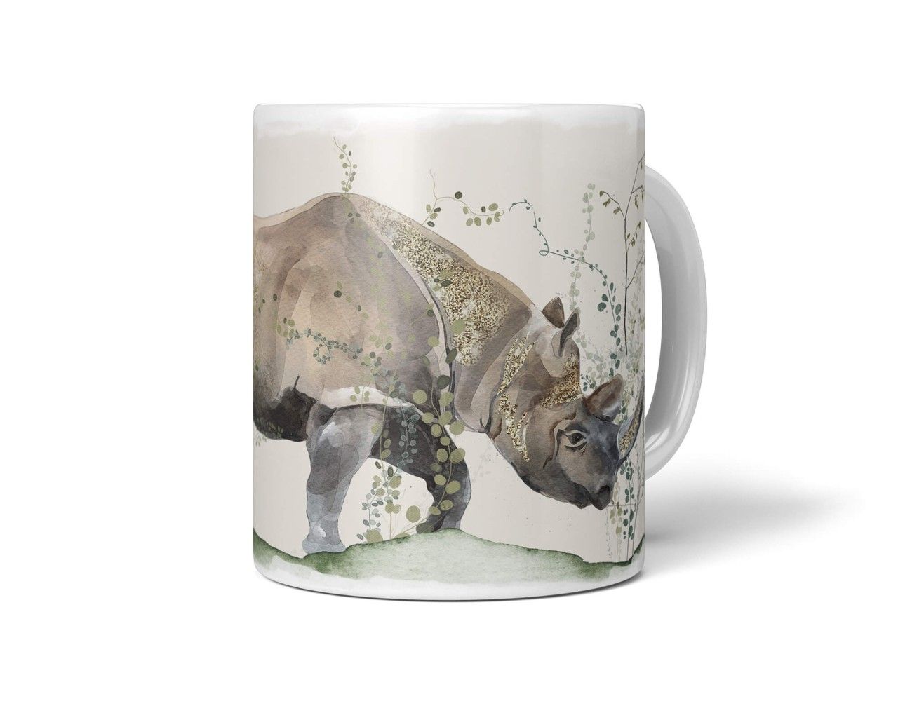 Tasse Porzellan Tier Motiv Nashorn Afrika Safari Aquarell Pastelltöne Gold Dekorativ