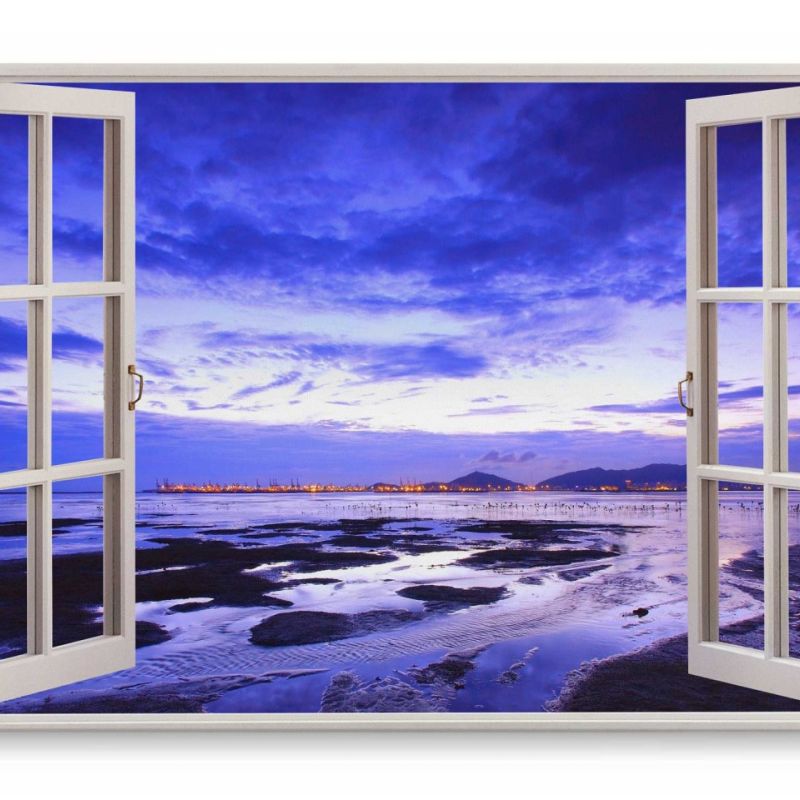 Wandbild 120x80cm Fensterbild Ebbe Meer Horizont Dunkelblau Sonnenuntergang