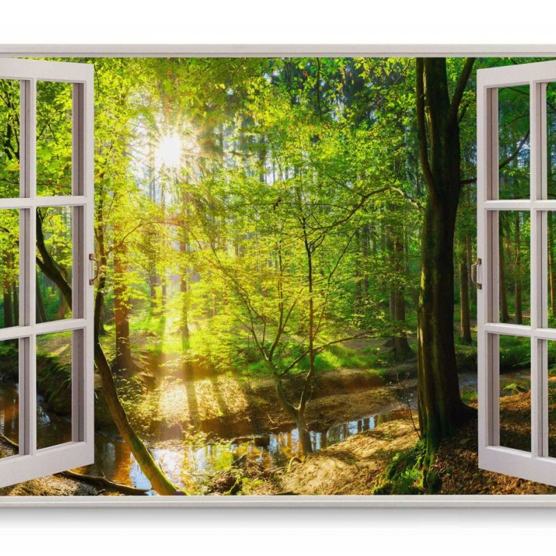 Wandbild 120x80cm Fensterbild Wald Bach Grün Sonnenstrahl warmes Licht Bäume