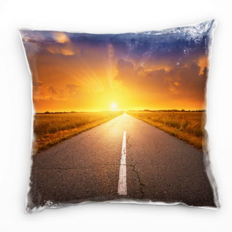 Landschaft, orange, Straße, Sonnenuntergang Deko Kissen 40x40cm für Couch Sofa Lounge Zierkissen