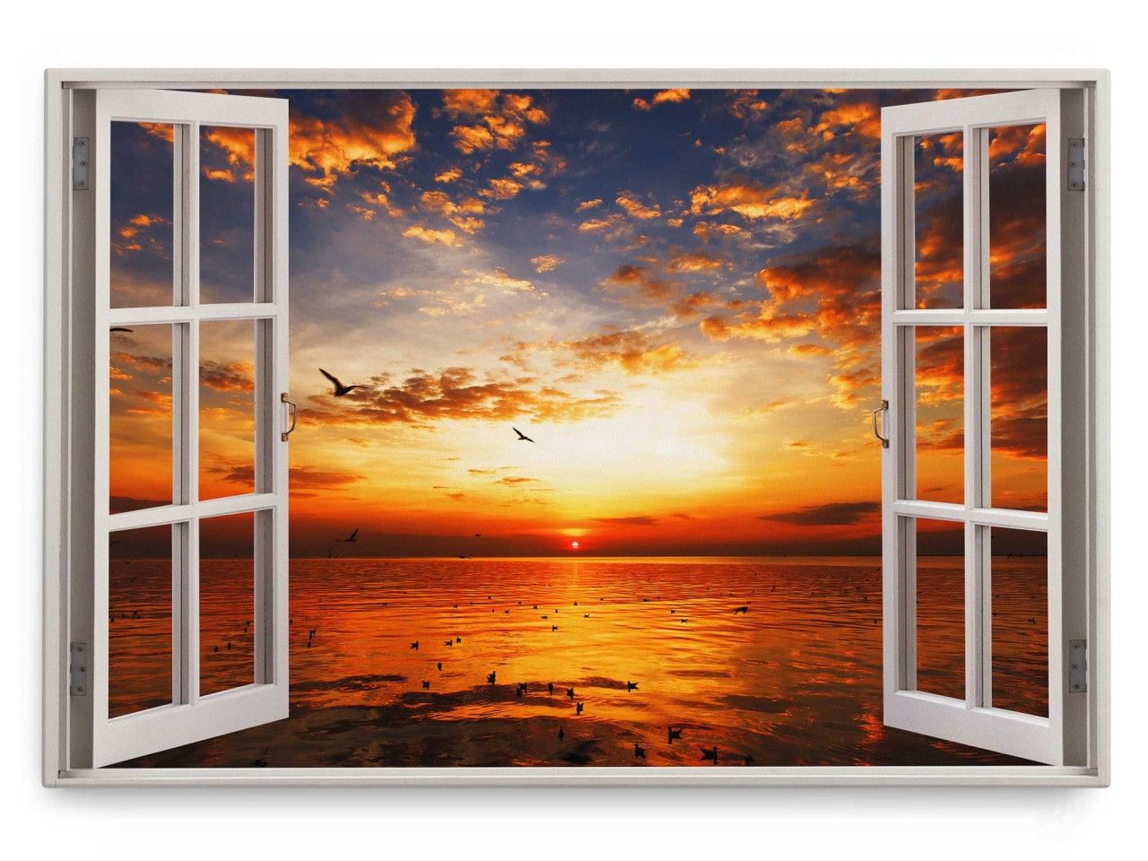 Wandbild 120x80cm Fensterbild Abendrot Horizont Meer roter Himmel Sonnenuntergang