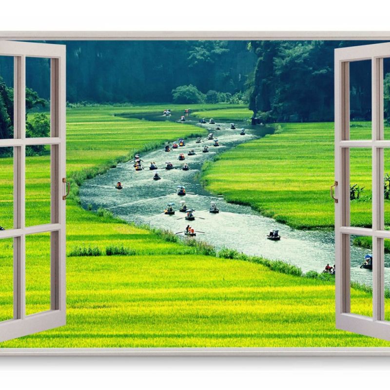 Wandbild 120x80cm Fensterbild Vietnam Landschaft Grün Reisfelder Fluss