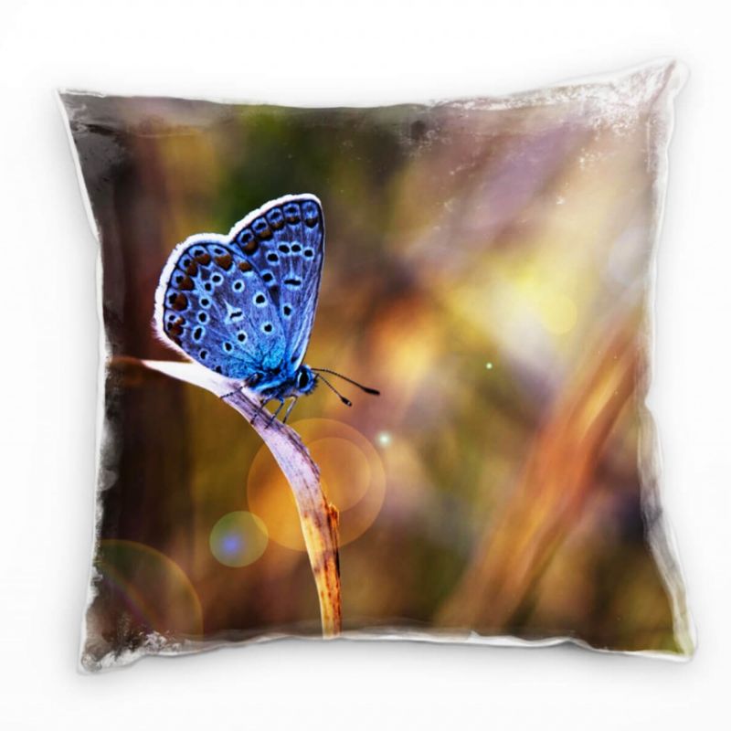 Tiere, blau, braun, Schmetterling auf einem Grashalm Deko Kissen 40x40cm für Couch Sofa Lounge Zierk