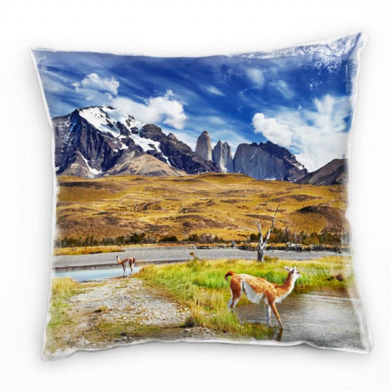 Landschaft, braun, blau, Berge, Tiere, Wasser Deko Kissen 40x40cm für Couch Sofa Lounge Zierkissen