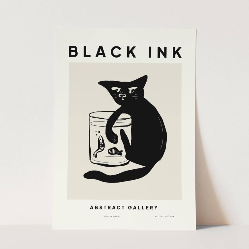 Black Ink dekorative Illustration Modern  Schwarze Katze Fischglas