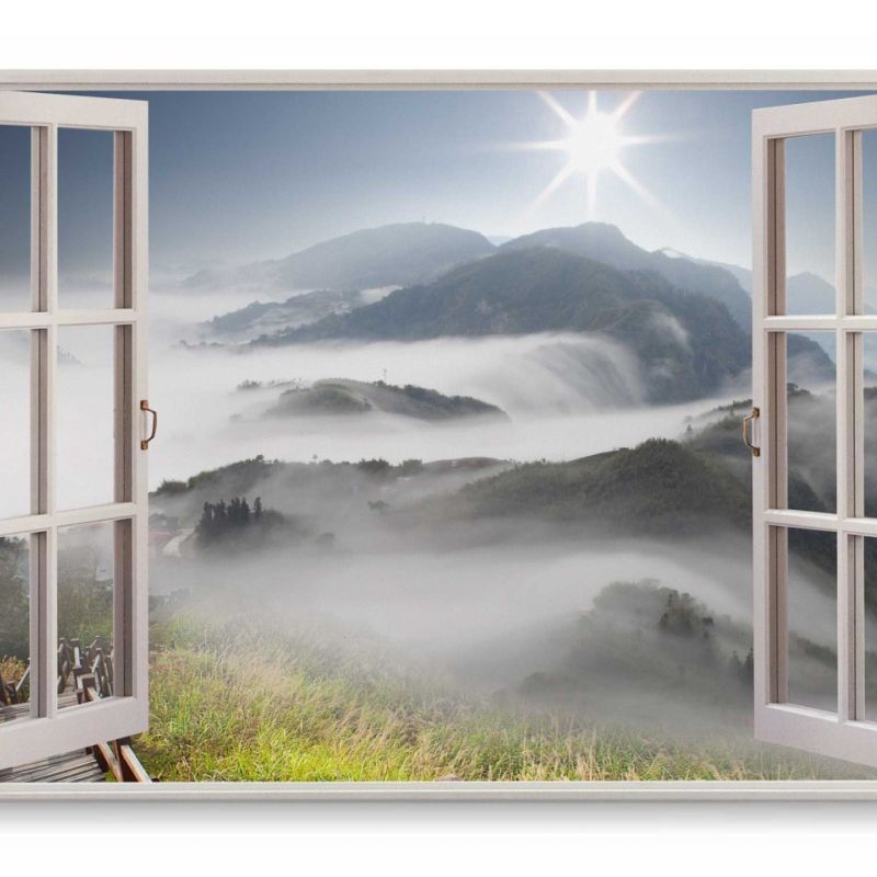 Wandbild 120x80cm Fensterbild Berge Nebel Natur Gebirge Sonnenschein