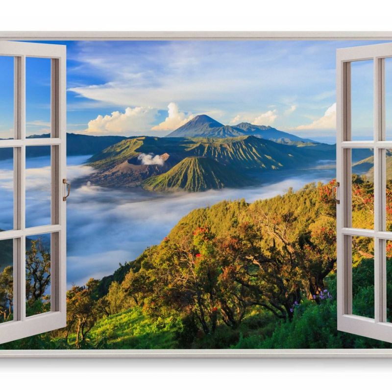 Wandbild 120x80cm Fensterbild Berge Nebel Natur Grün Blau Wolken Indonesien