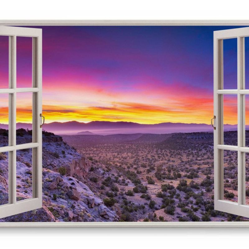 Wandbild 120x80cm Fensterbild Abendrot Sonnenuntergang Horizont Steppe Berge