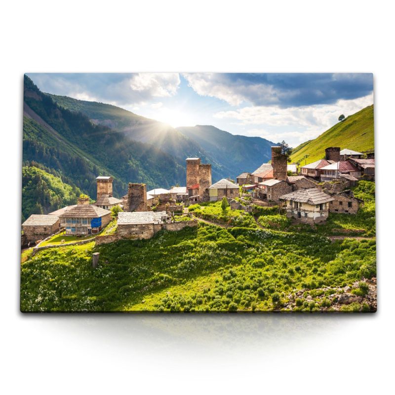 120x80cm Wandbild auf Leinwand Georgien Bergdorf Berge Natur Steinhäuser Sonnenuntergang