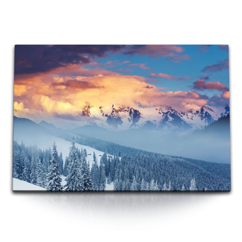 120x80cm Wandbild auf Leinwand Alaska Berglandschaft Tannenwald Schnee Berge