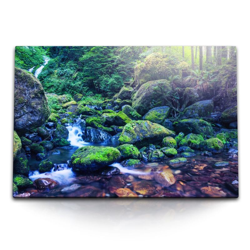 120x80cm Wandbild auf Leinwand Bach Dschungel Natur Tropisch Exotisch Grün