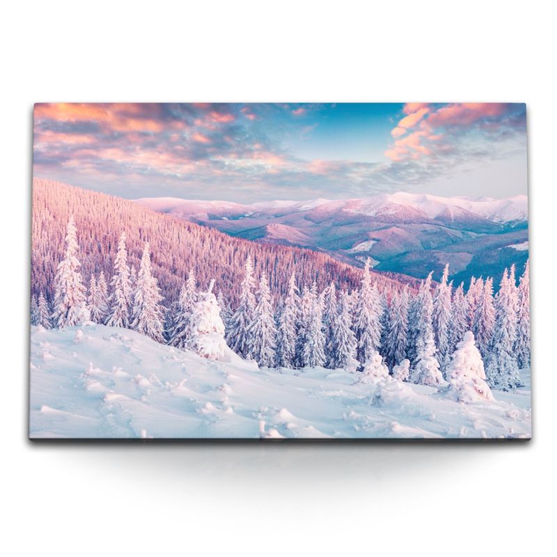 120x80cm Wandbild auf Leinwand Winterlandschaft Berge Tannenwald Schnee Weiß