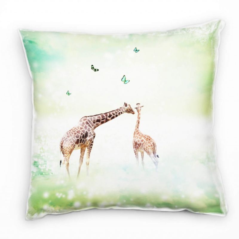 Tiere, grün, zwei Giraffen, Schmetterlinge Deko Kissen 40x40cm für Couch Sofa Lounge Zierkissen